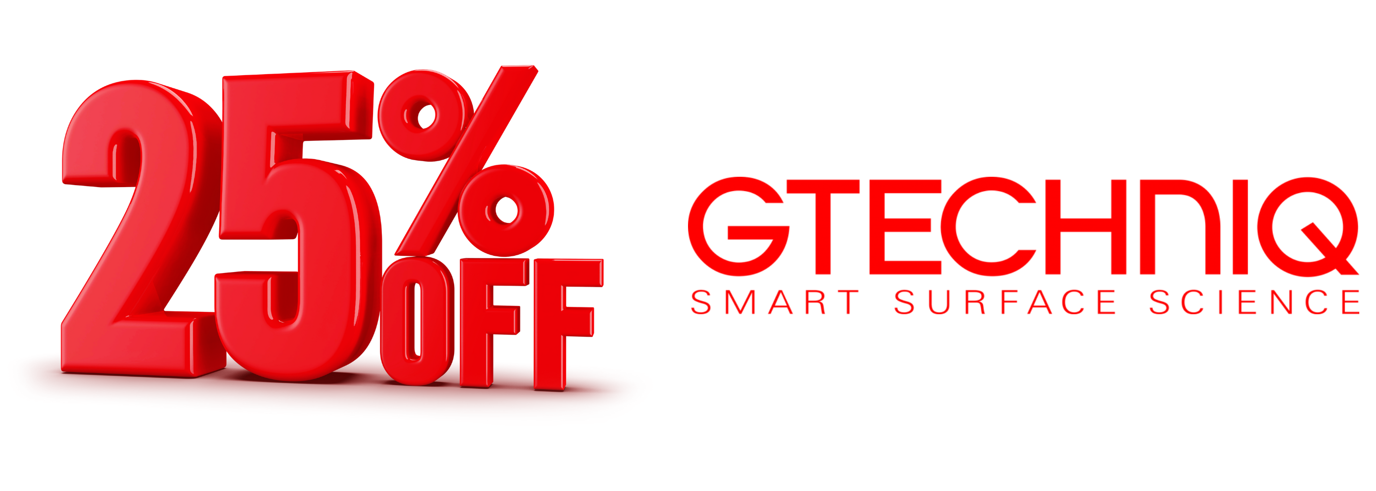 Gtechniq promotional banner with 25% off text on a white background