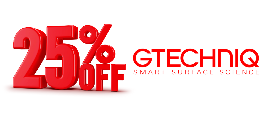 Red '25% OFF' text with GTECHNIQ logo on a white background