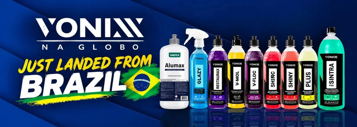 Vonixx na Globo, just landed from Brazil. The Vonixx range lined up on a deep blue background: Alumax, Glazy, Restaurax, V-MOL, V-FLOC, Shinc, Shiny, Plus and Sintra Pro.